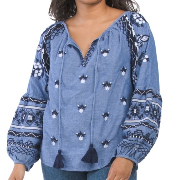 NWT LUCKY & COCO Embroidered BLUE Blouse New With Tag Size US XL - Picture 1 of 7